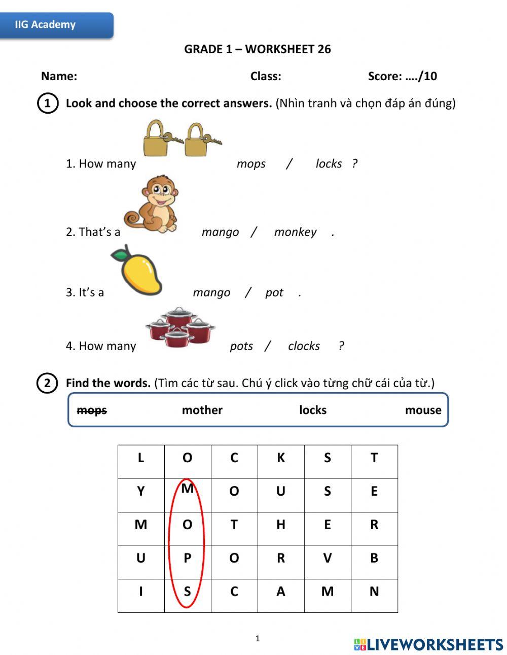 IIG-Grade 1-Worksheet 26