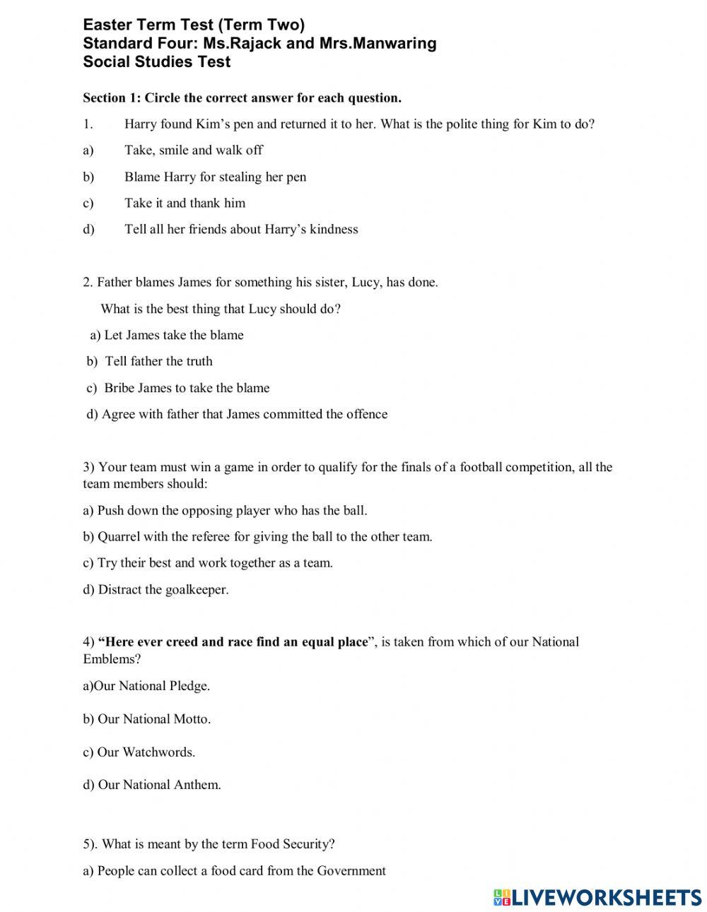 Social Studies Test online exercise for | Live Worksheets