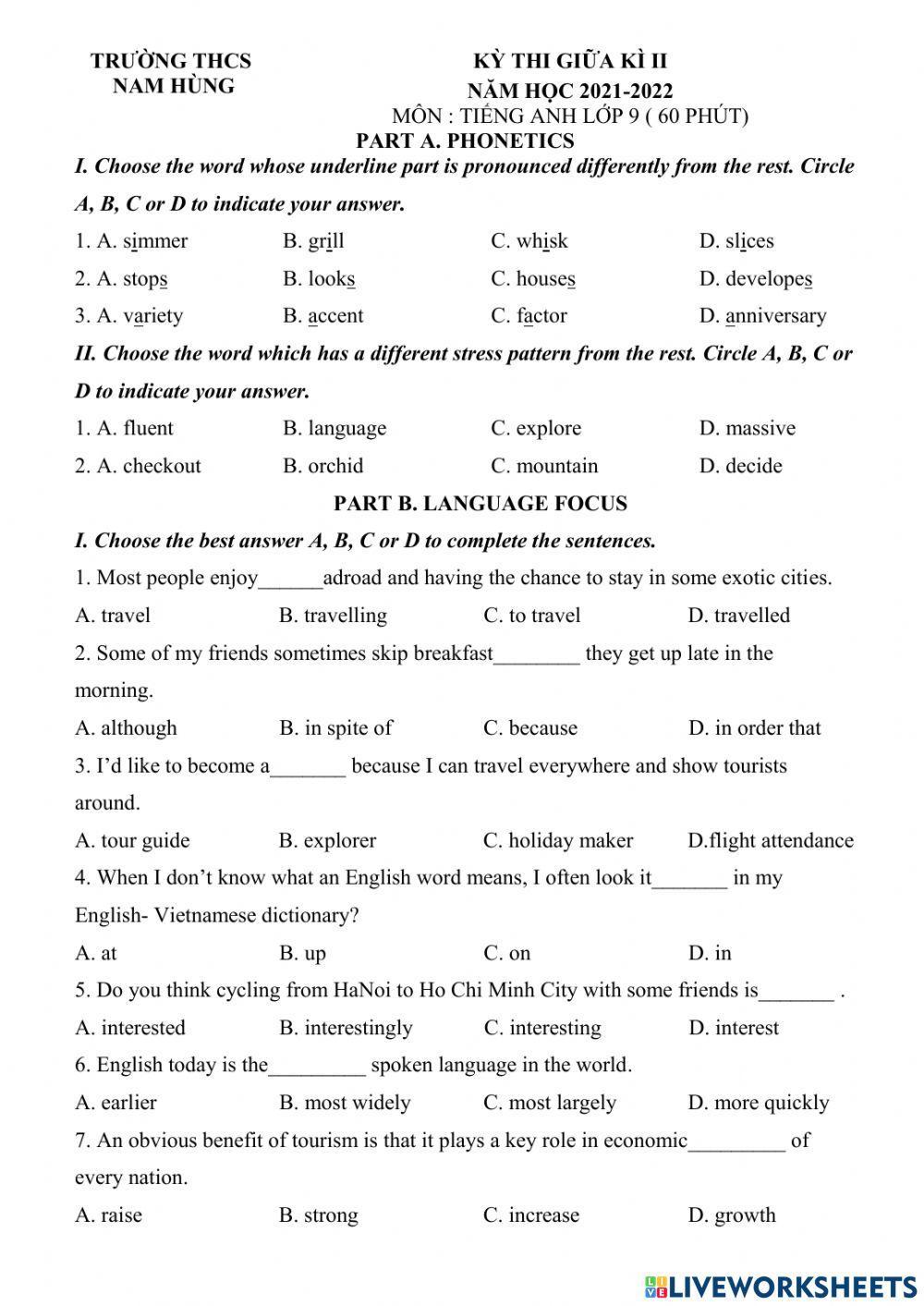 ĐỀ KIỂM TRA GIƯÃ HKII LỚP 9