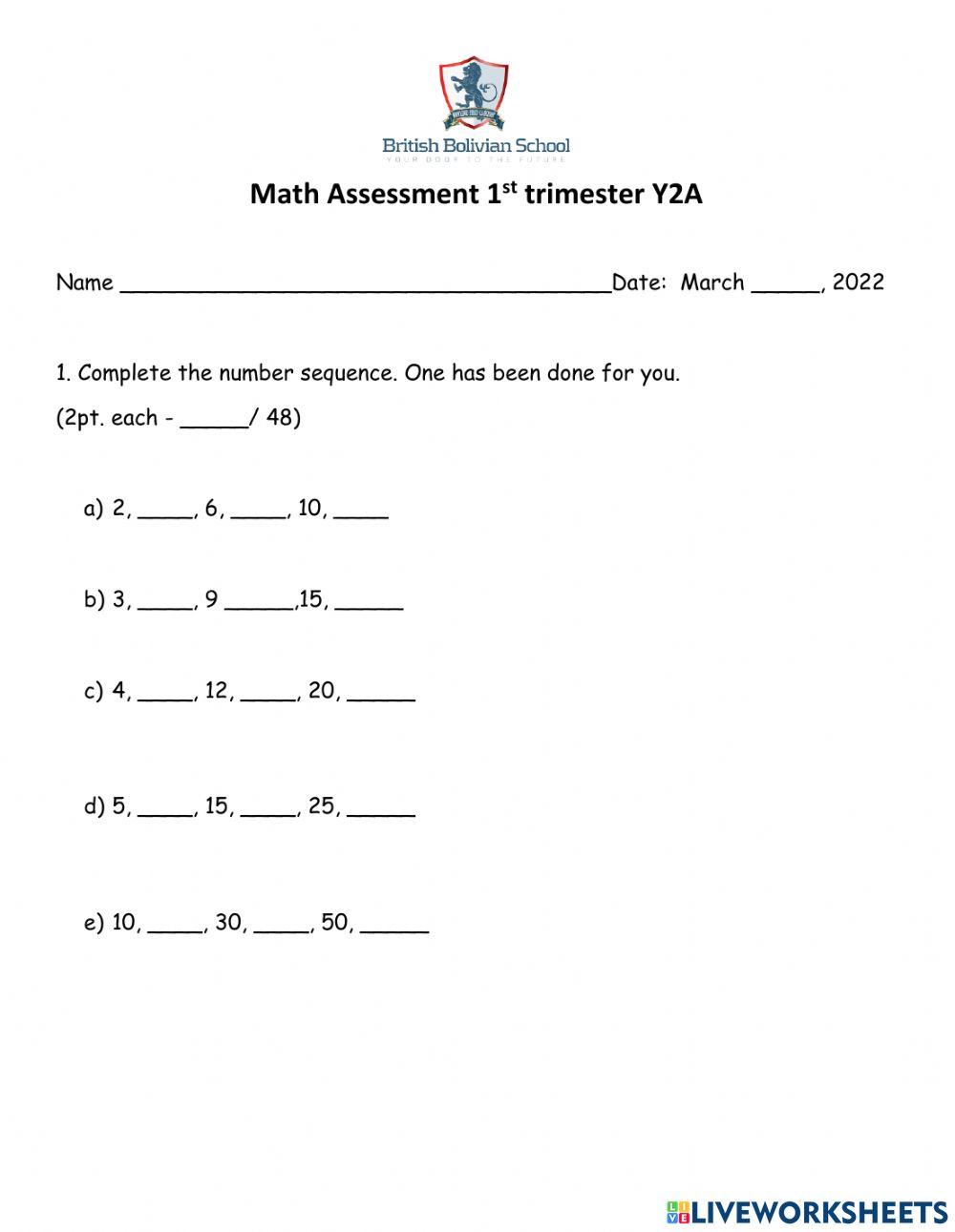 Math Assessment T1 Wk 8