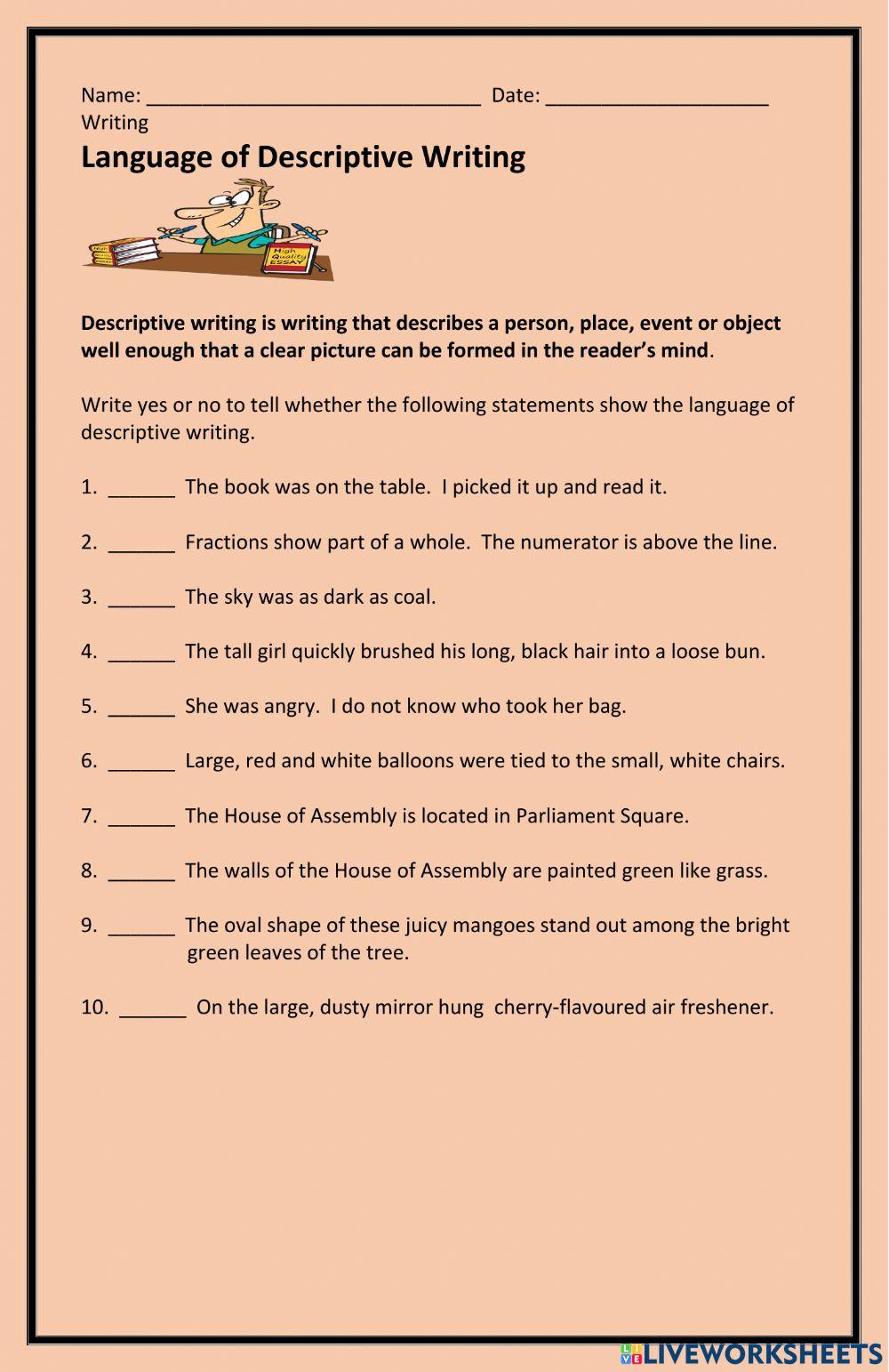 Language of Descriptive Writing worksheet | Live Worksheets