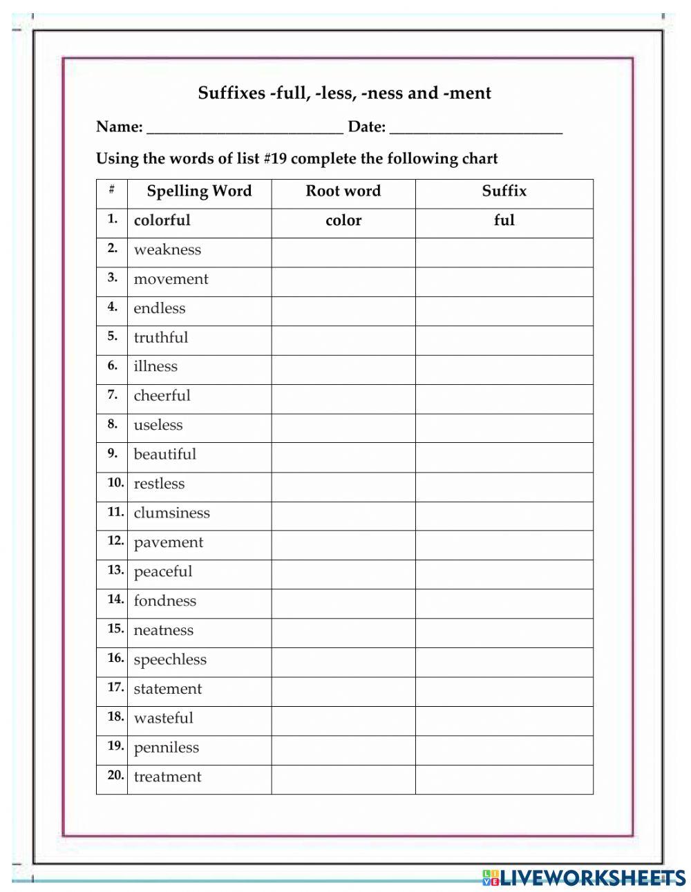 Suffixes ness, less, ful and ment online exercise for Live Worksheets