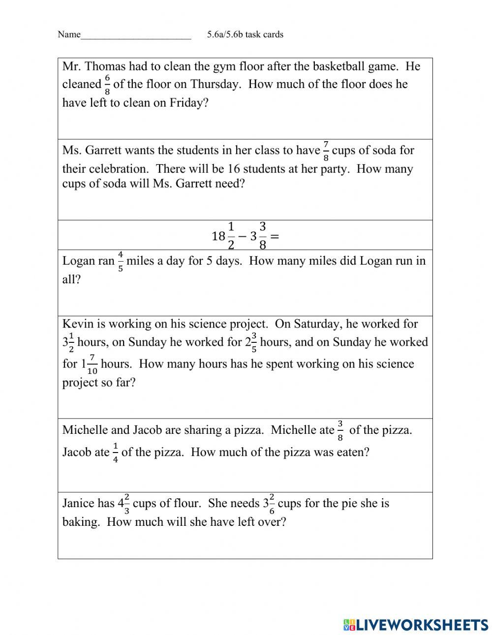 Fraction task cards