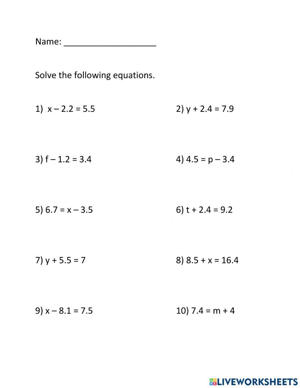 Solving Simple Equations with Decimals
