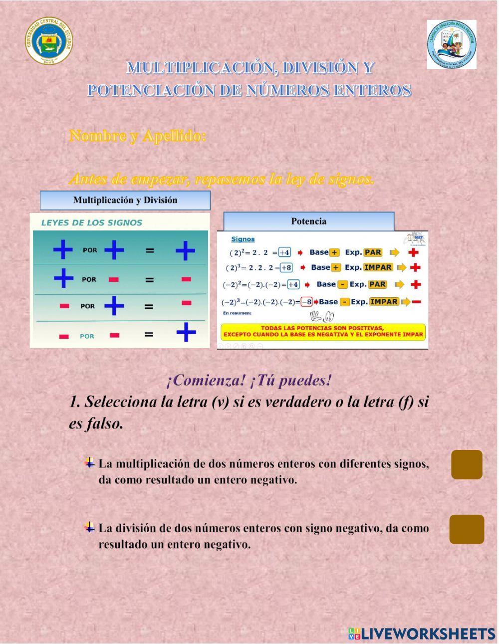 Multiplicación, División y Potencia de números enteros