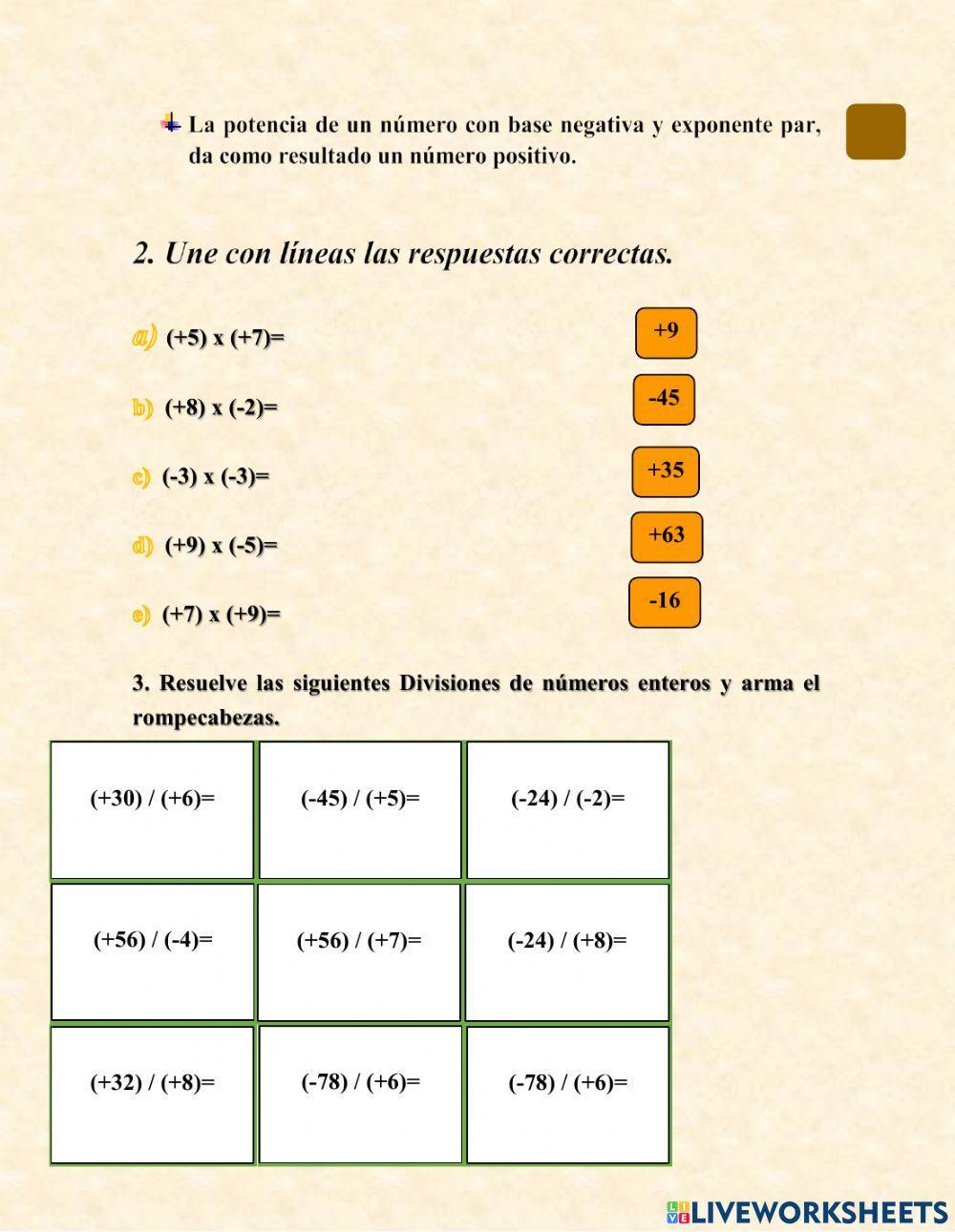 Multiplicación, División y Potencia de números enteros