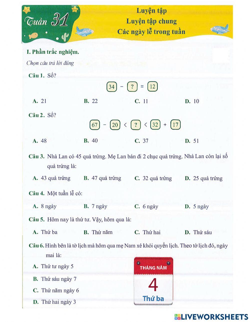 Toán 1 - Tuần 31 Bài tập