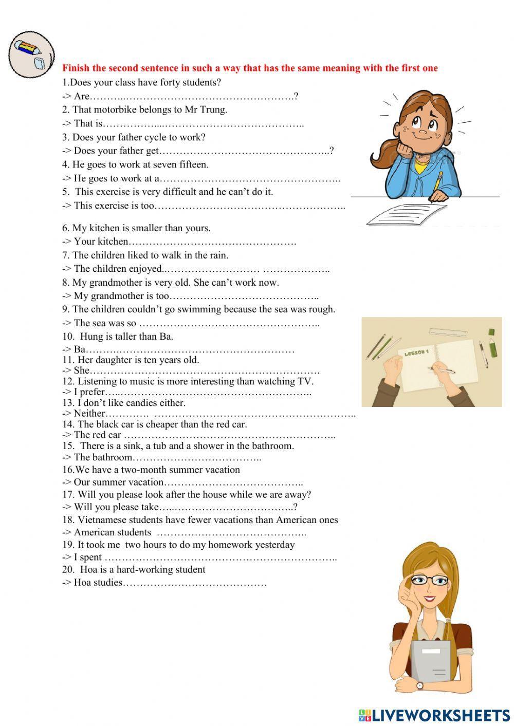 20 câu viết lại câu E6 phần 2