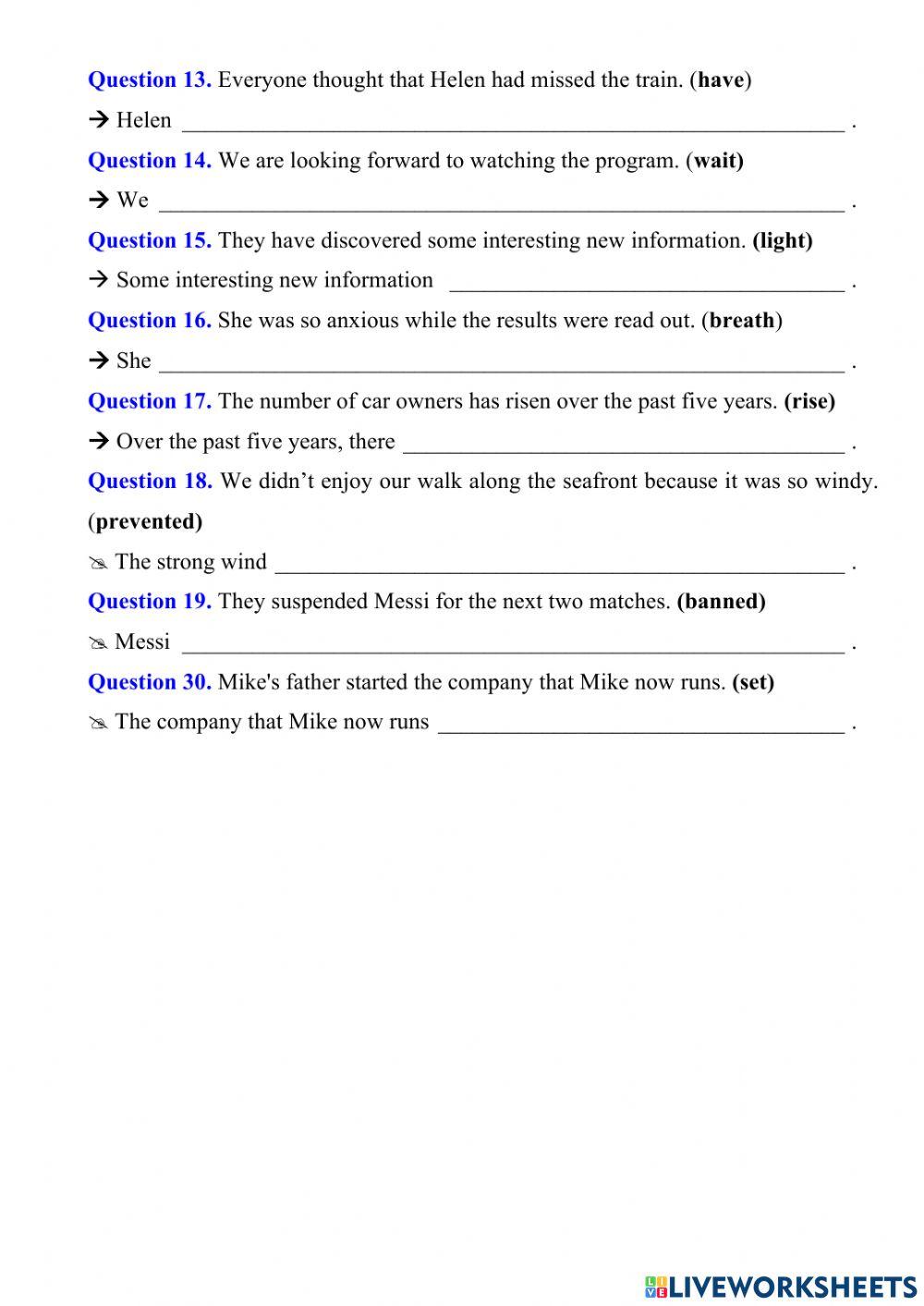 Grade 10 - Sentence transformation