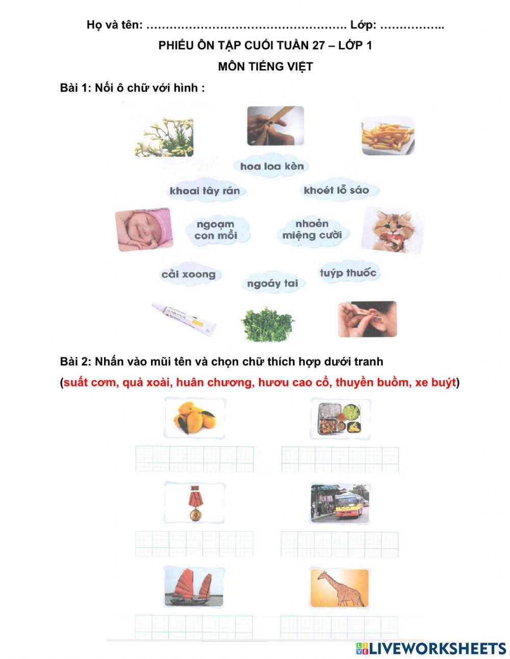 Phiếu ôn tập cuối tuần TV - tuần 27