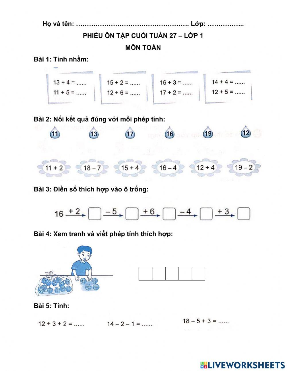 Phiếu ôn tập cuối tuần Toán - tuần 27
