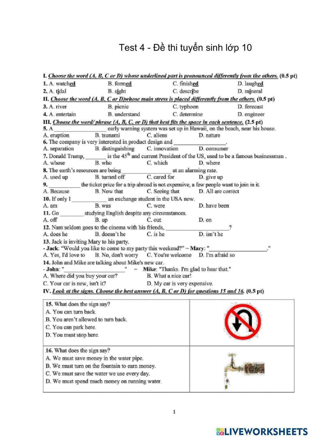 Test 4 - De du doan tuyen sinh lop 10 - Grade 9