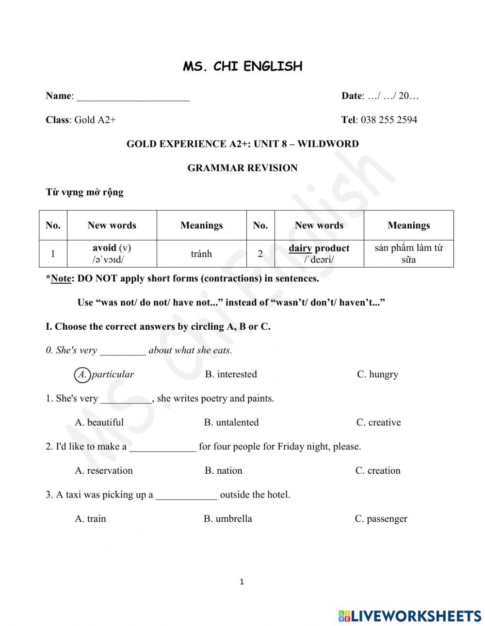 23.03.22- Gold A2+- U8 Grammar Revision
