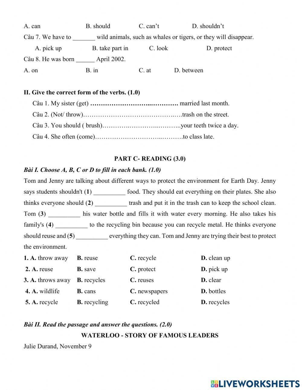 Đề thì giữa kì II Anh 6