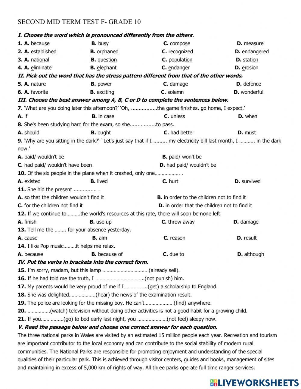 Second mid term test f - grade 10