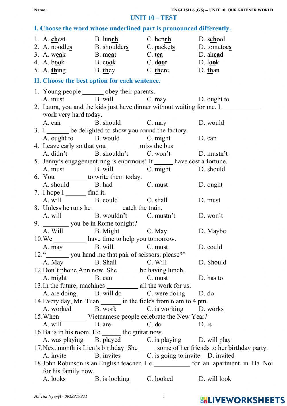 English 6 - Unit 10 - Test 1