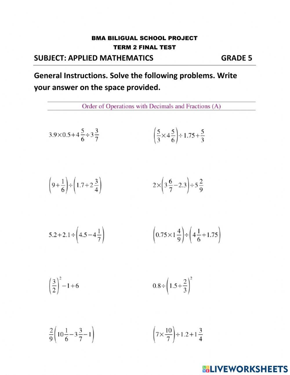 Applied Math 5 online exercise for Live Worksheets
