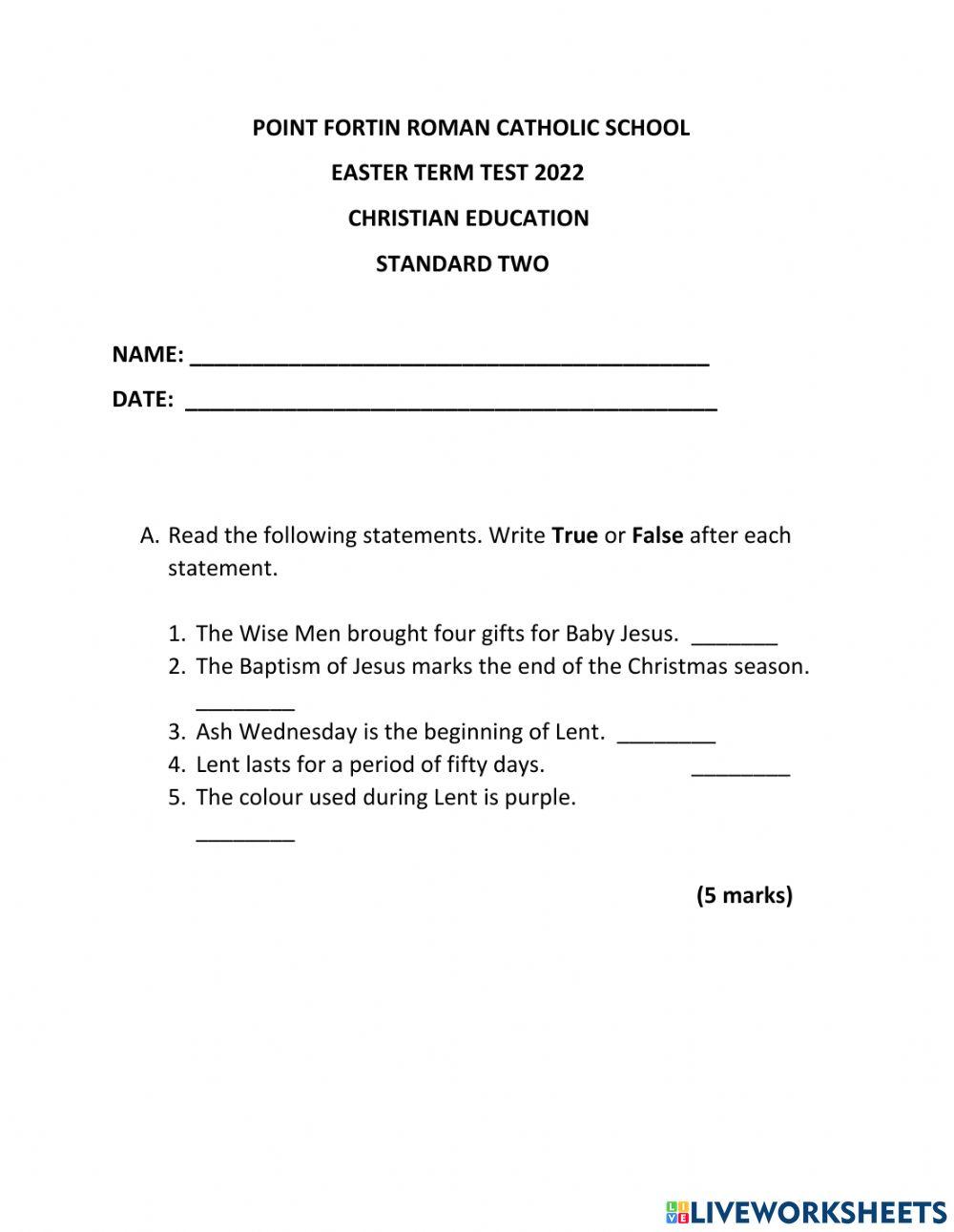 Easter term test christian ed.