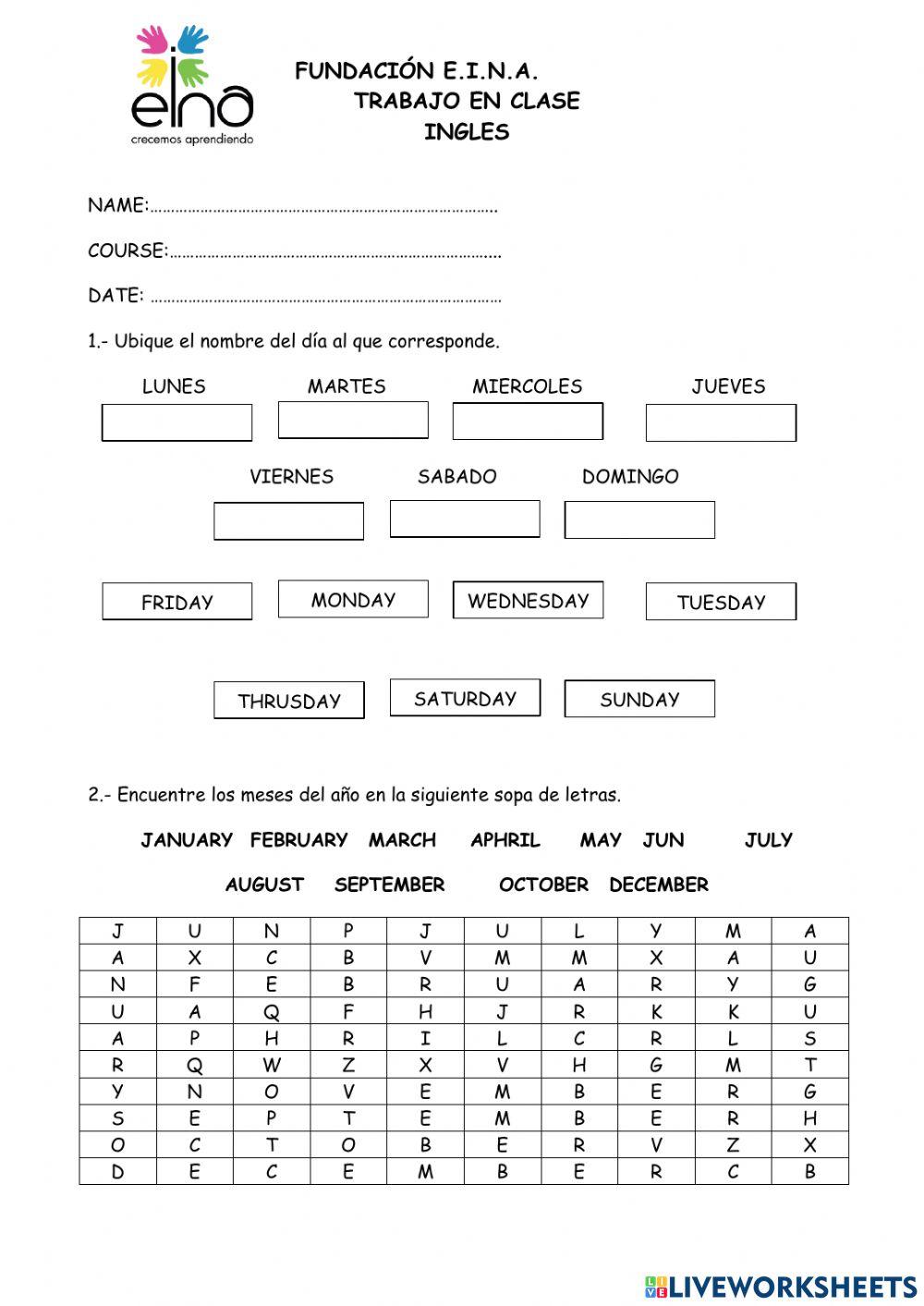 Mese, dias y numeros en ingles
