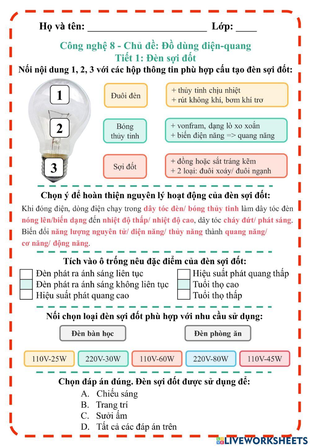 CN8 Bài 38 Đèn sợi đốt