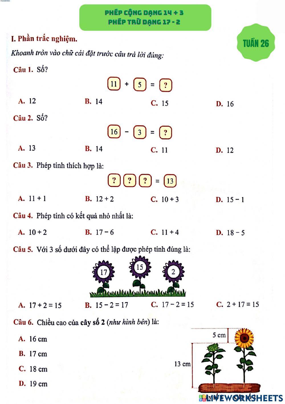 Phiếu cuối tuần 26 - môn Toán
