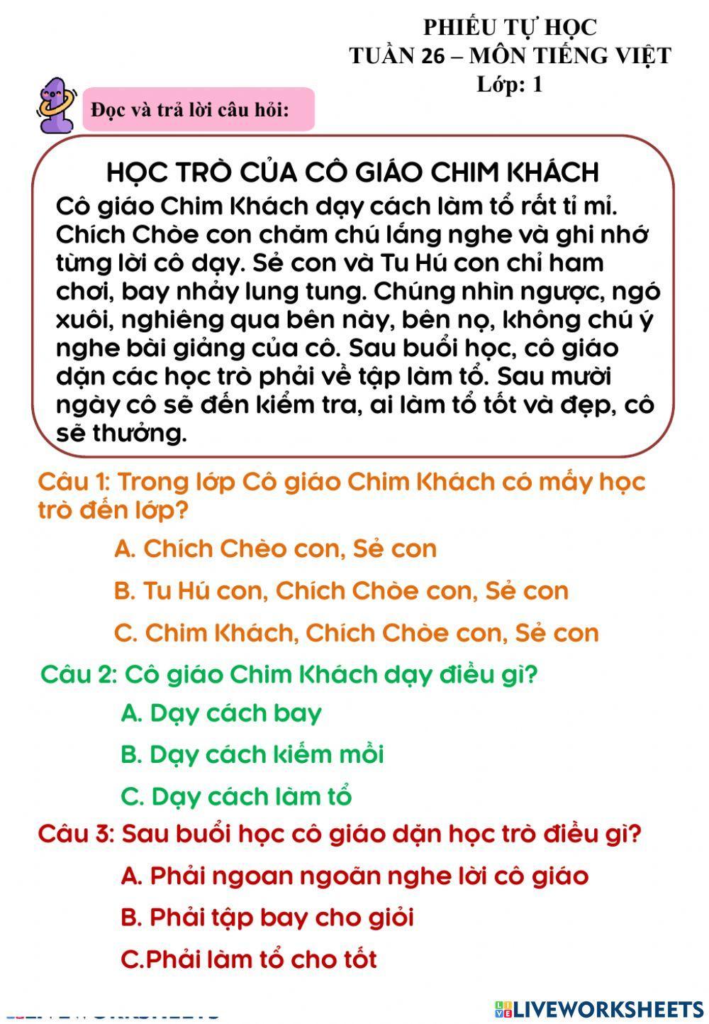 Phiếu cuối tuần 26 - môn Tiếng việt
