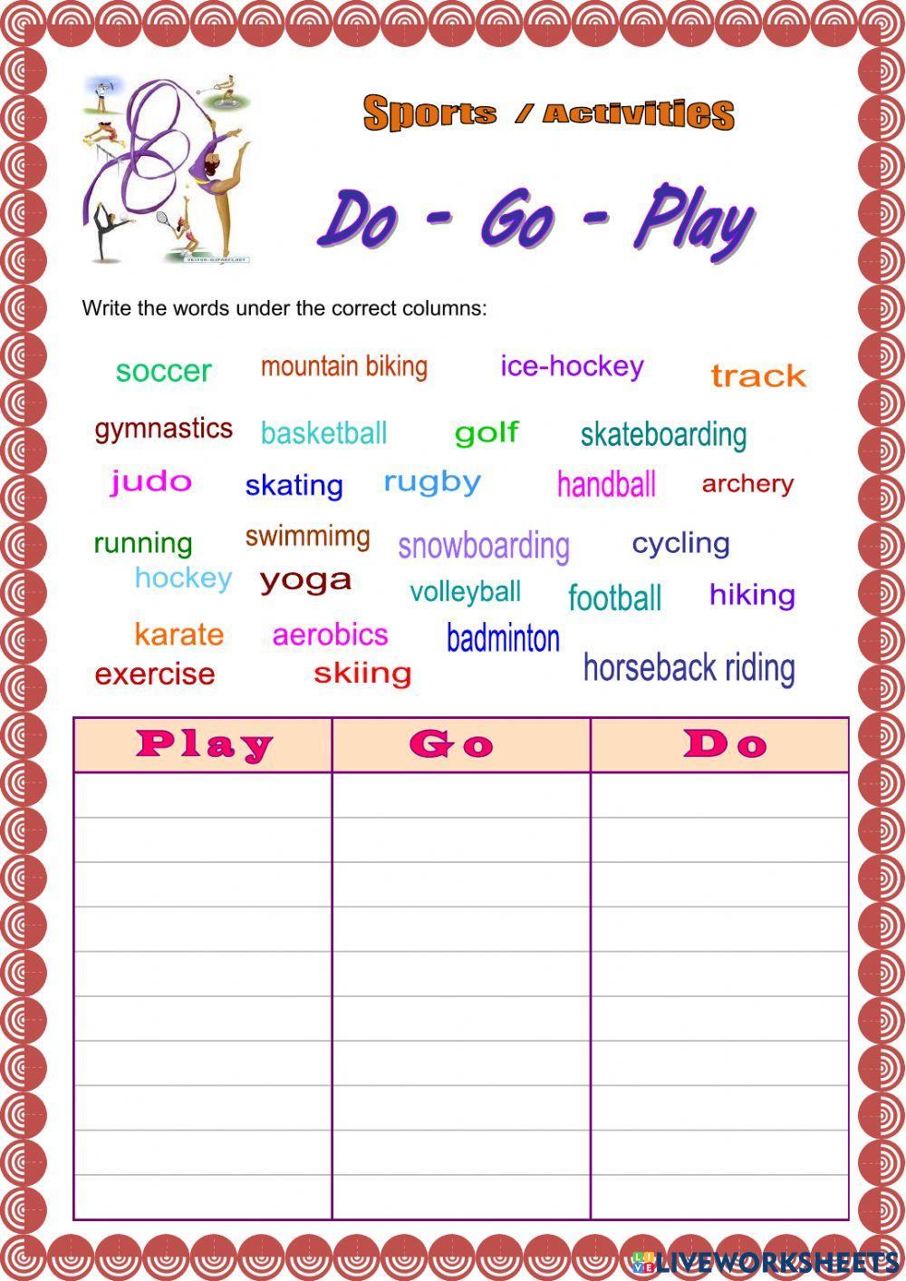 Sports - do - play - go worksheet