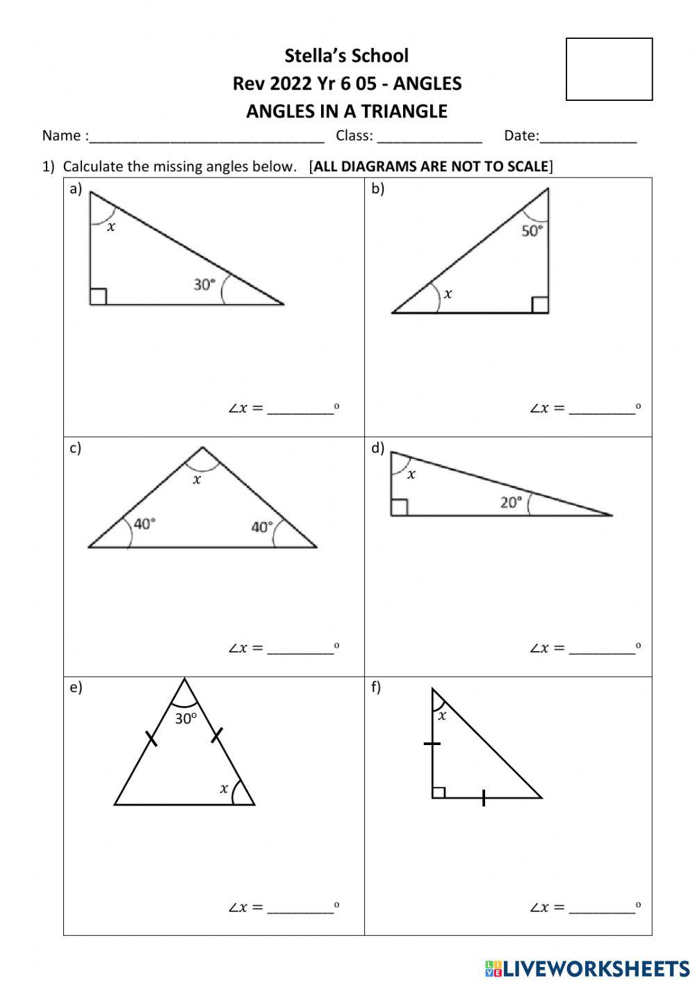 Angles in a triangle exercise | Live Worksheets Angles in a triangle exercise | Live Worksheets