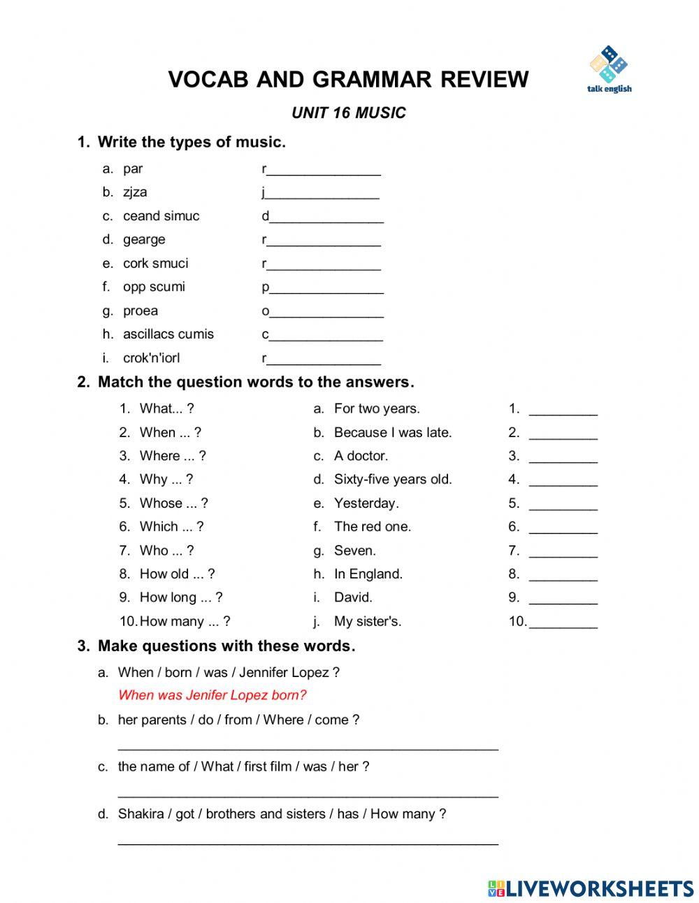 VOCAB AND GRAMMAR REVIEW UNIT 16 Music