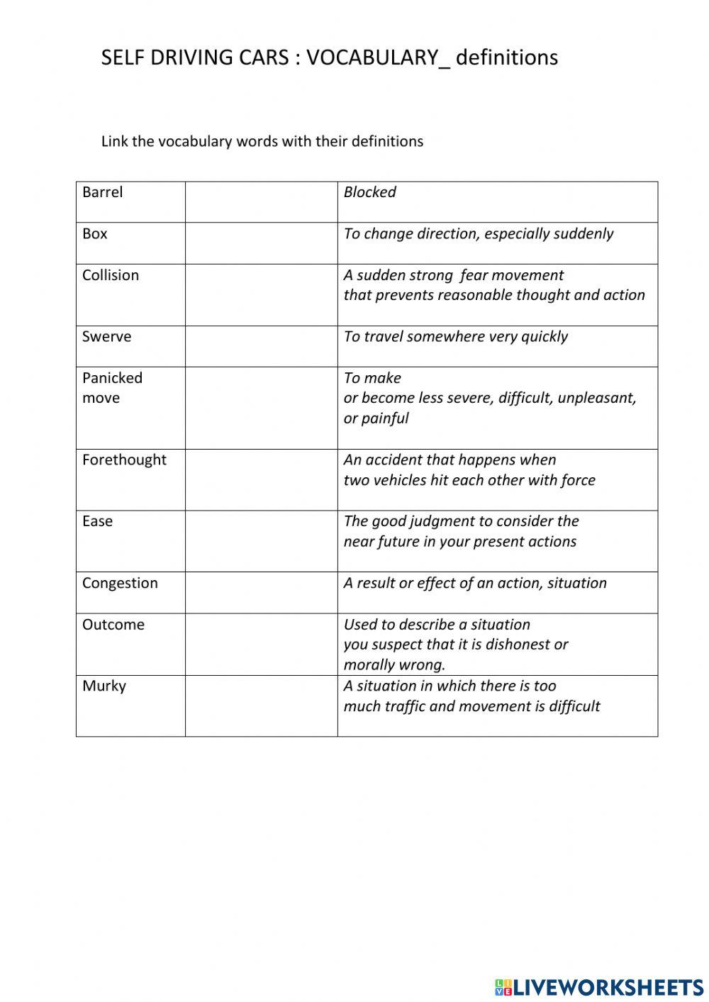 Self driving cars definitions worksheet Live Worksheets