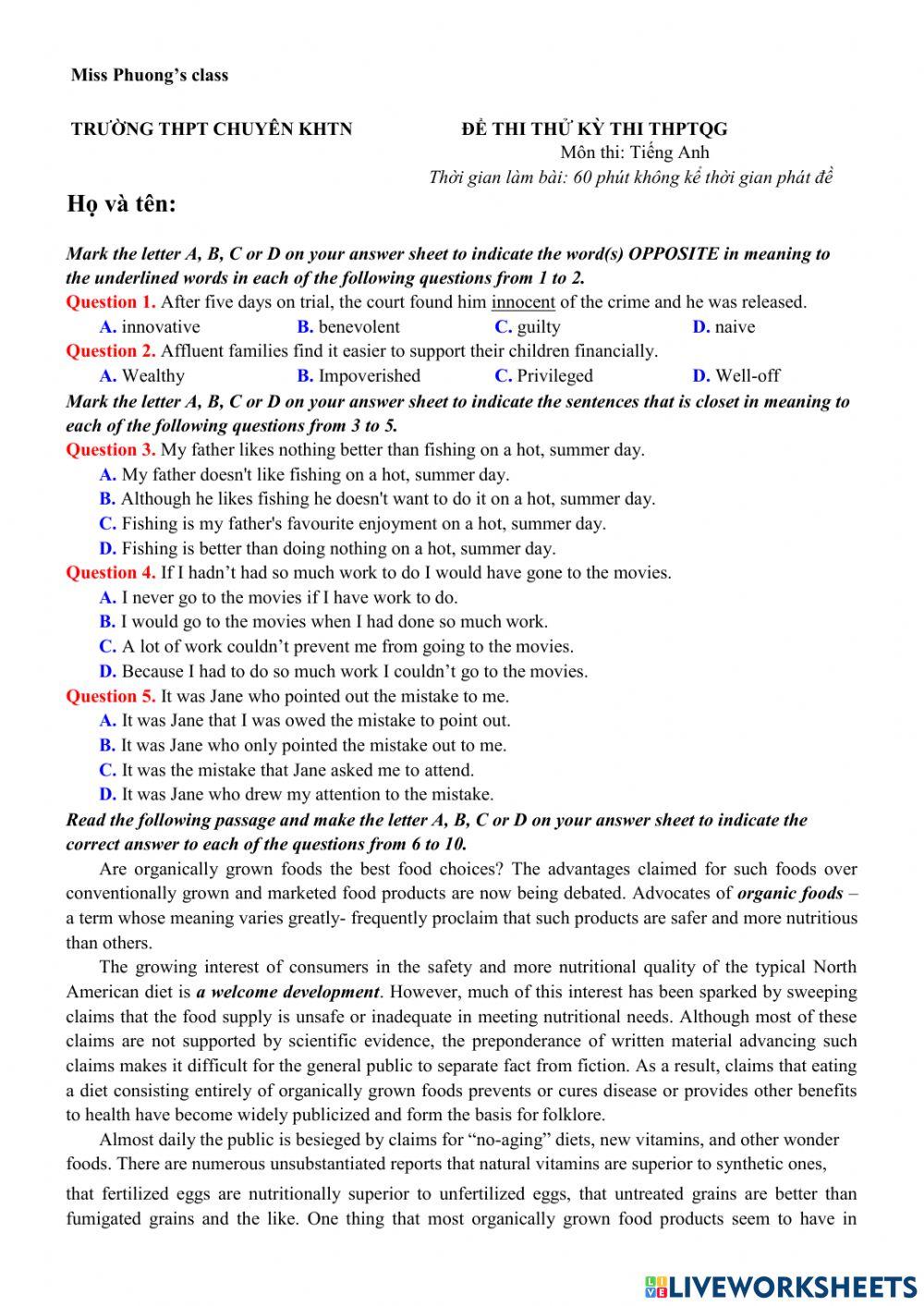 Đề thi thử THPT KHTN