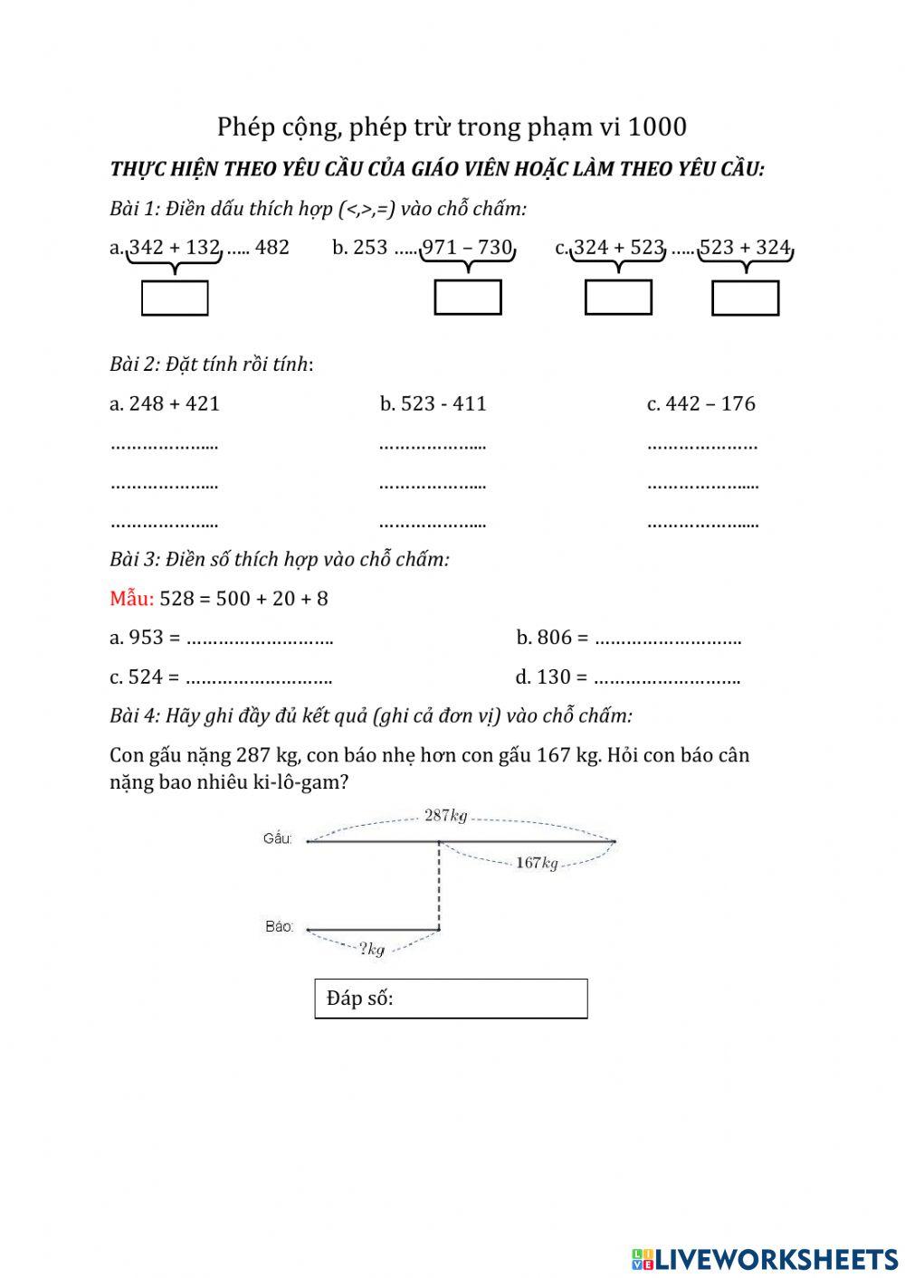 Phép cộng và phép trừ phạm vi 1000