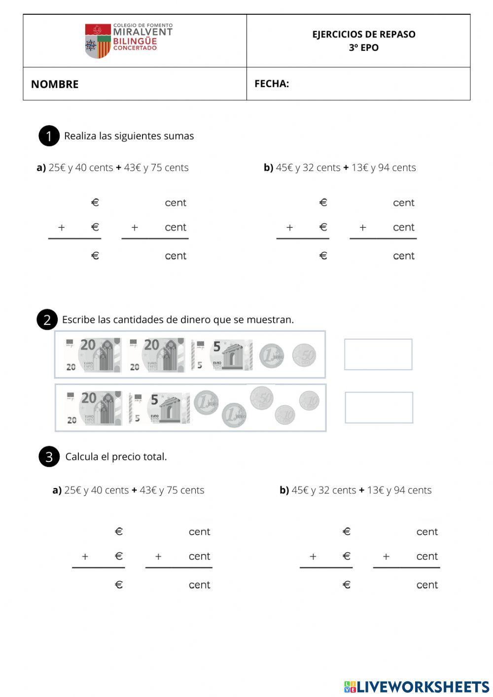 Repaso Dinero en matemáticas