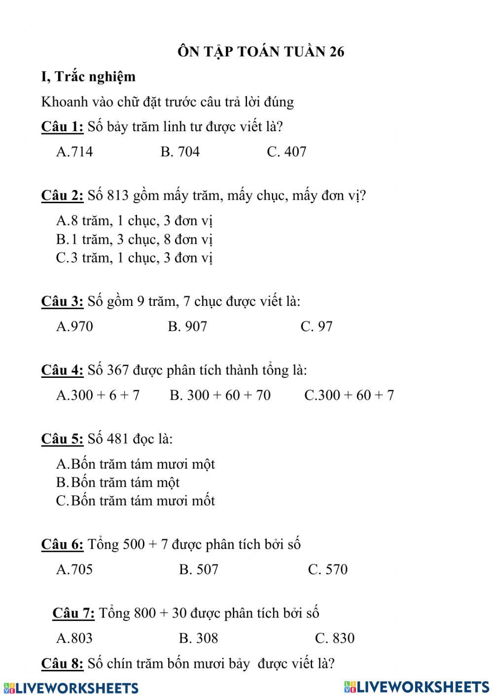 Ôn tập Toán lớp 2