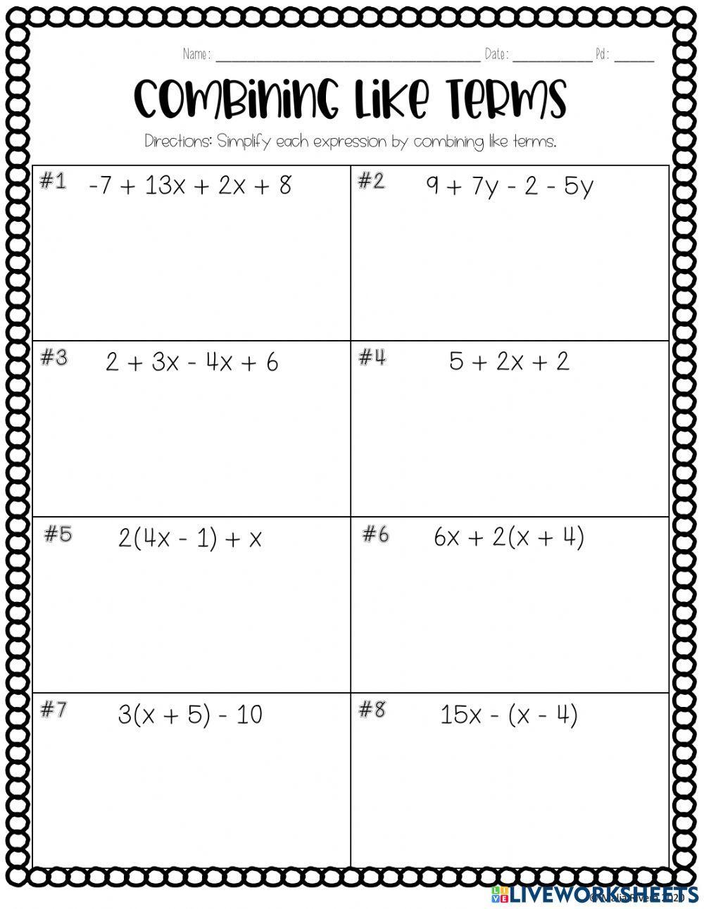 Combining Like Terms worksheet for 8th-9th | Live Worksheets combining-like-terms-worksheet-for-8th-9th-live-worksheets