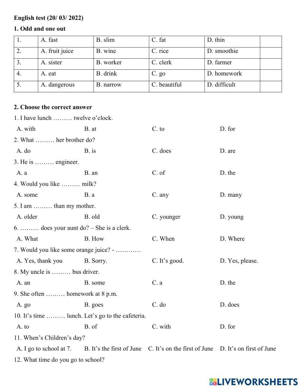 Grade 4.2 - Second mid-term revision test
