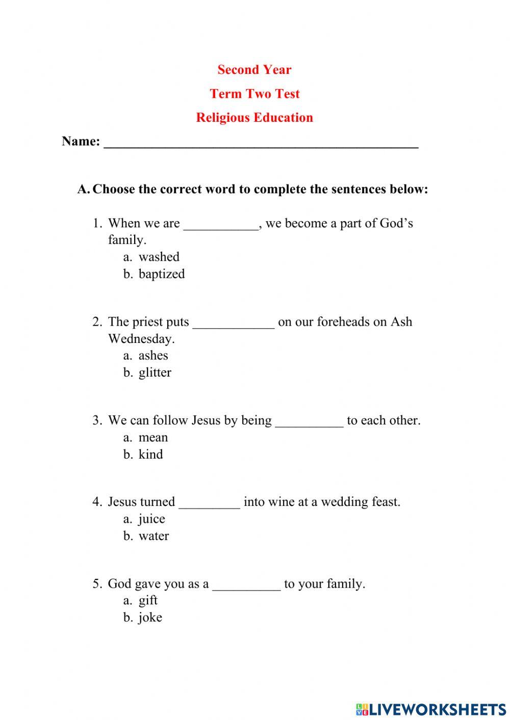 Term 2 2nd Year Religious Education Test