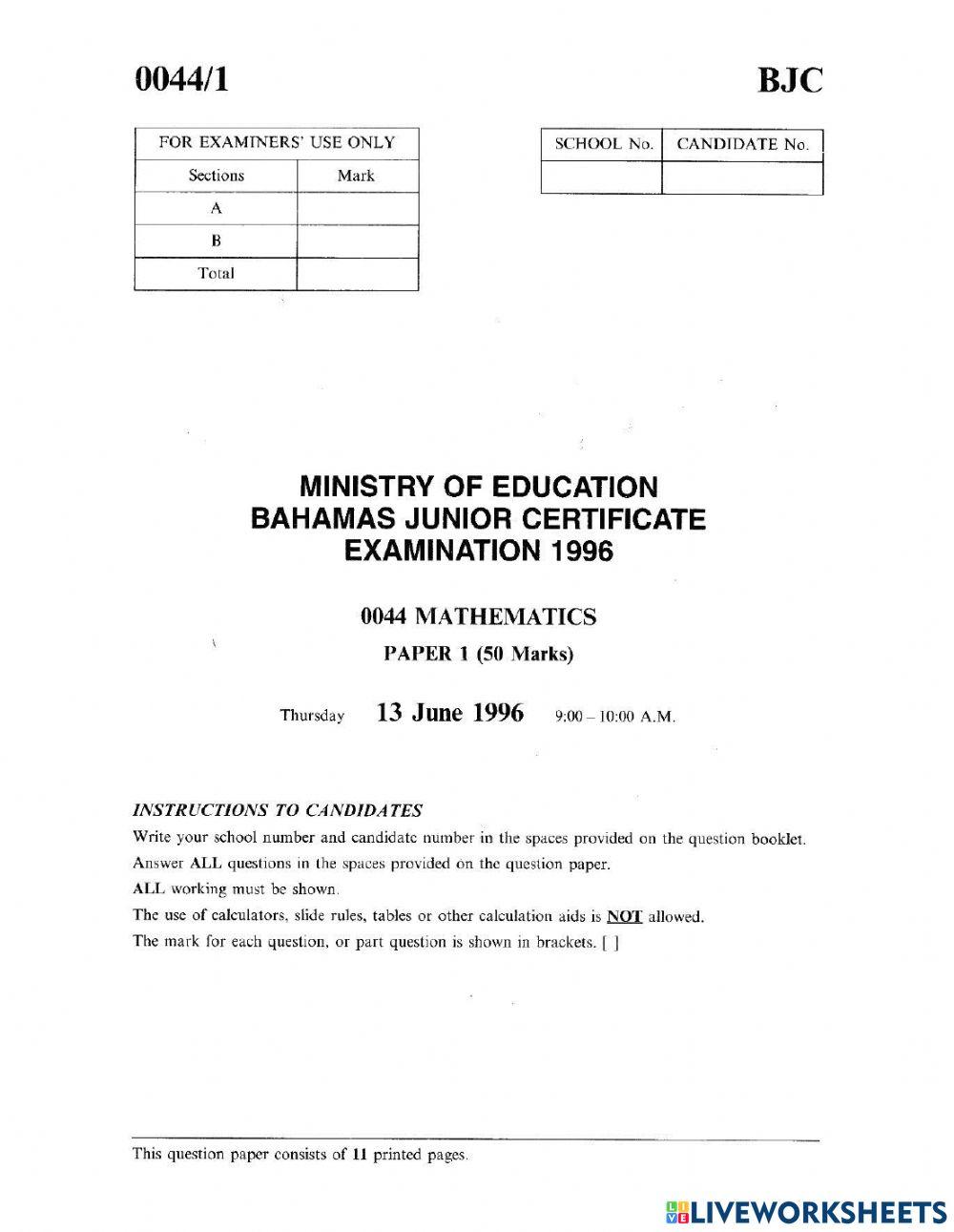 1996 Maths Bjc paper 1
