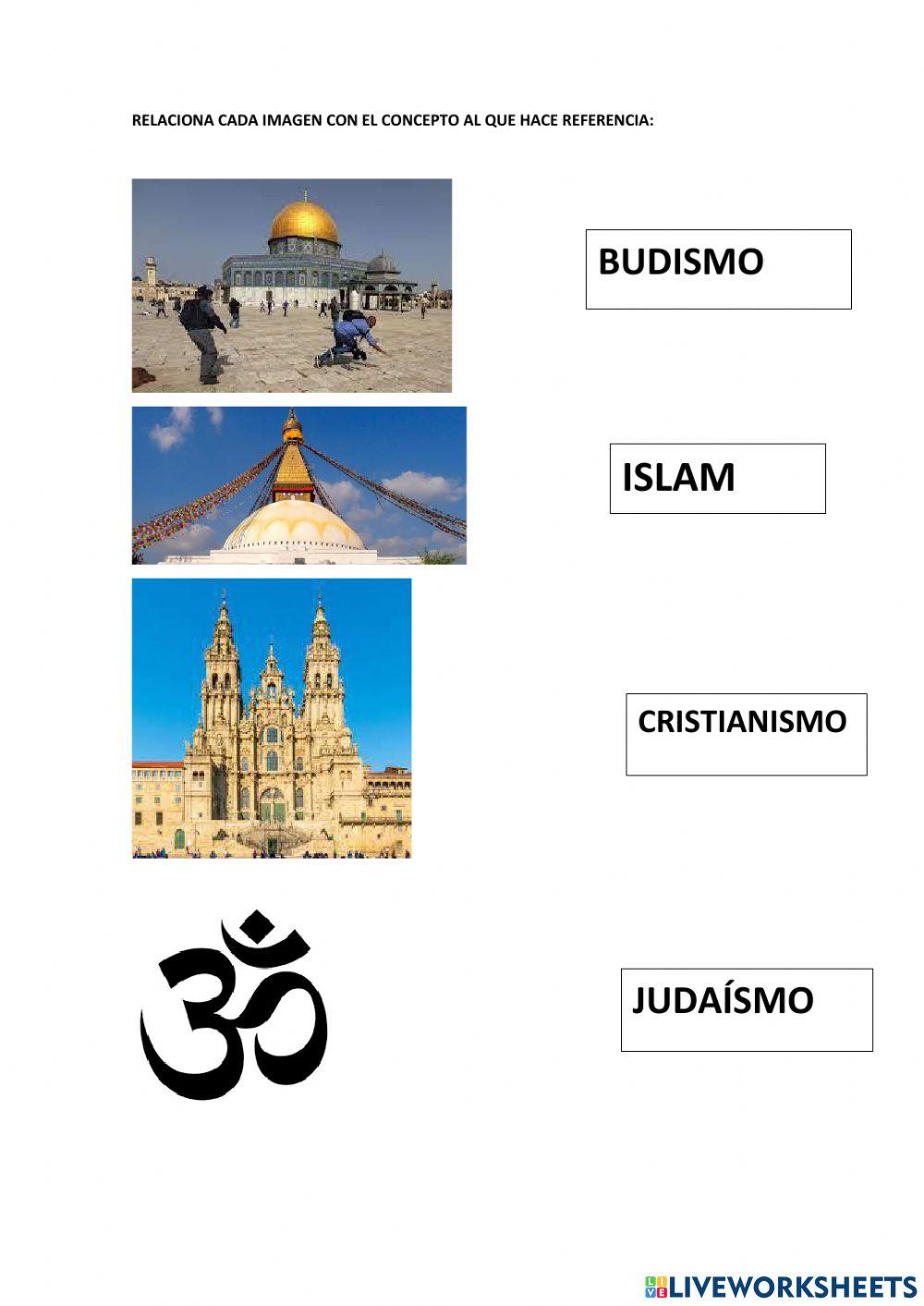 Símbolos y templos de diferentes religiones.