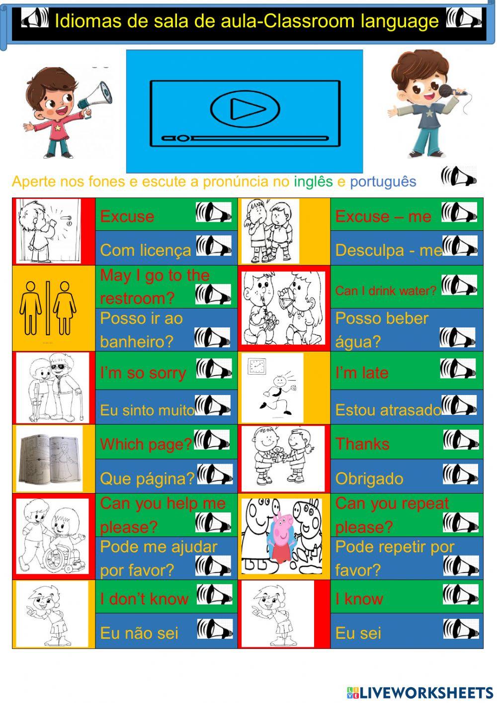 Idiomas de sala de aula em inglês
