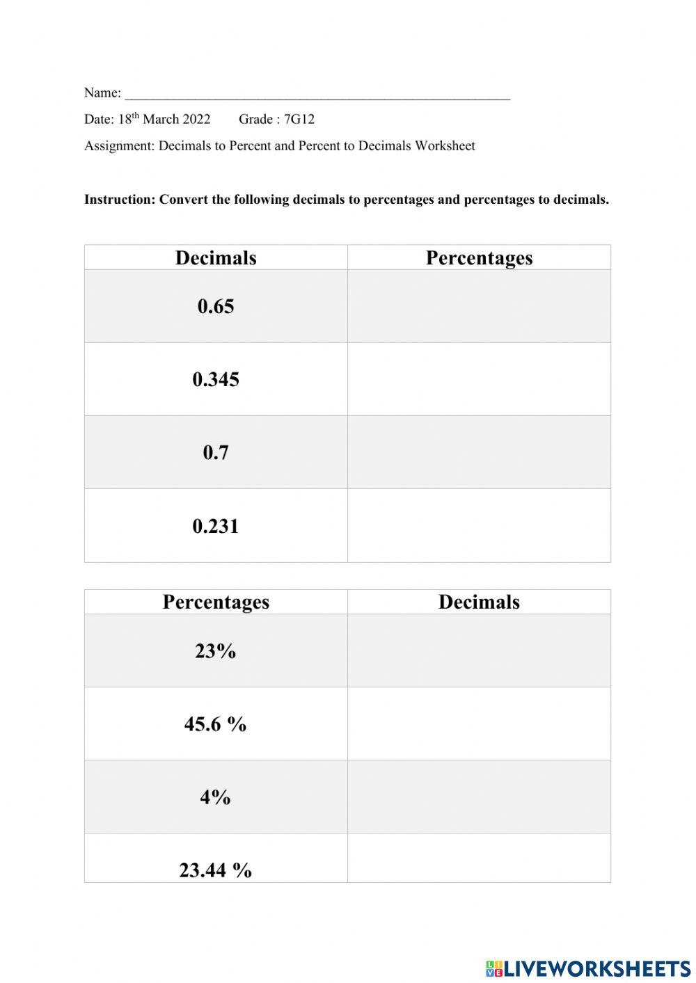 Percentages free worksheet | Live Worksheets