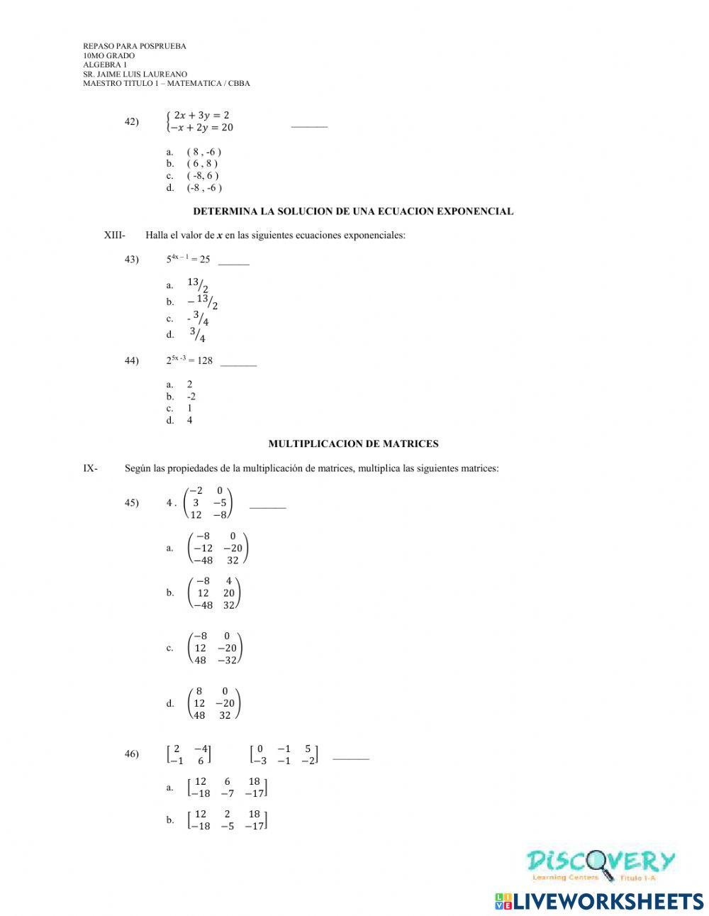 Repaso PosPrueba Algebra 2 - 12mo grado