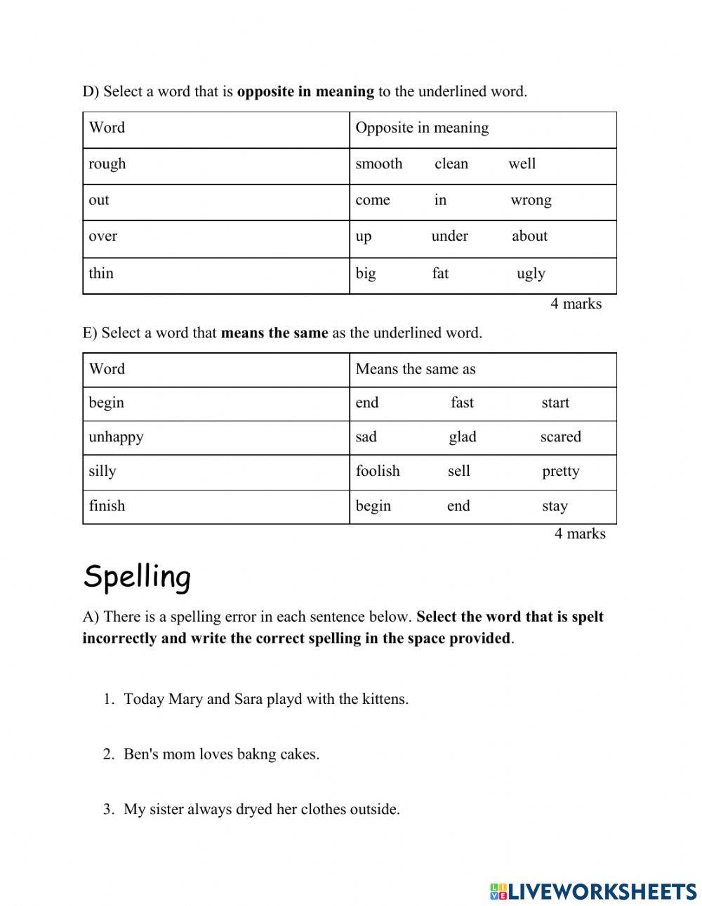 English Language Arts Easter Term Test B