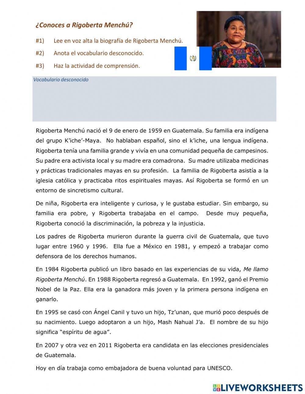 Rigoberta Menchú, lectura y comprensión