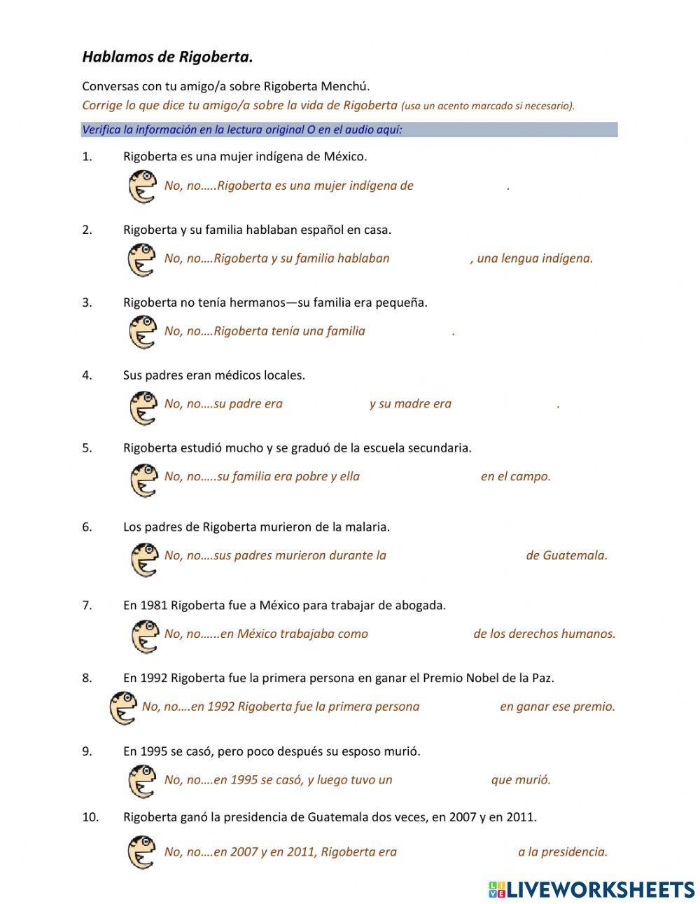 Rigoberta Menchú, lectura y comprensión