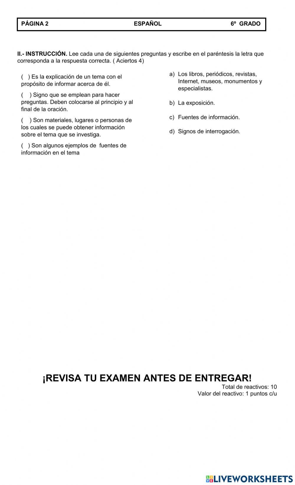 Evaluación mensual de Marzo Español