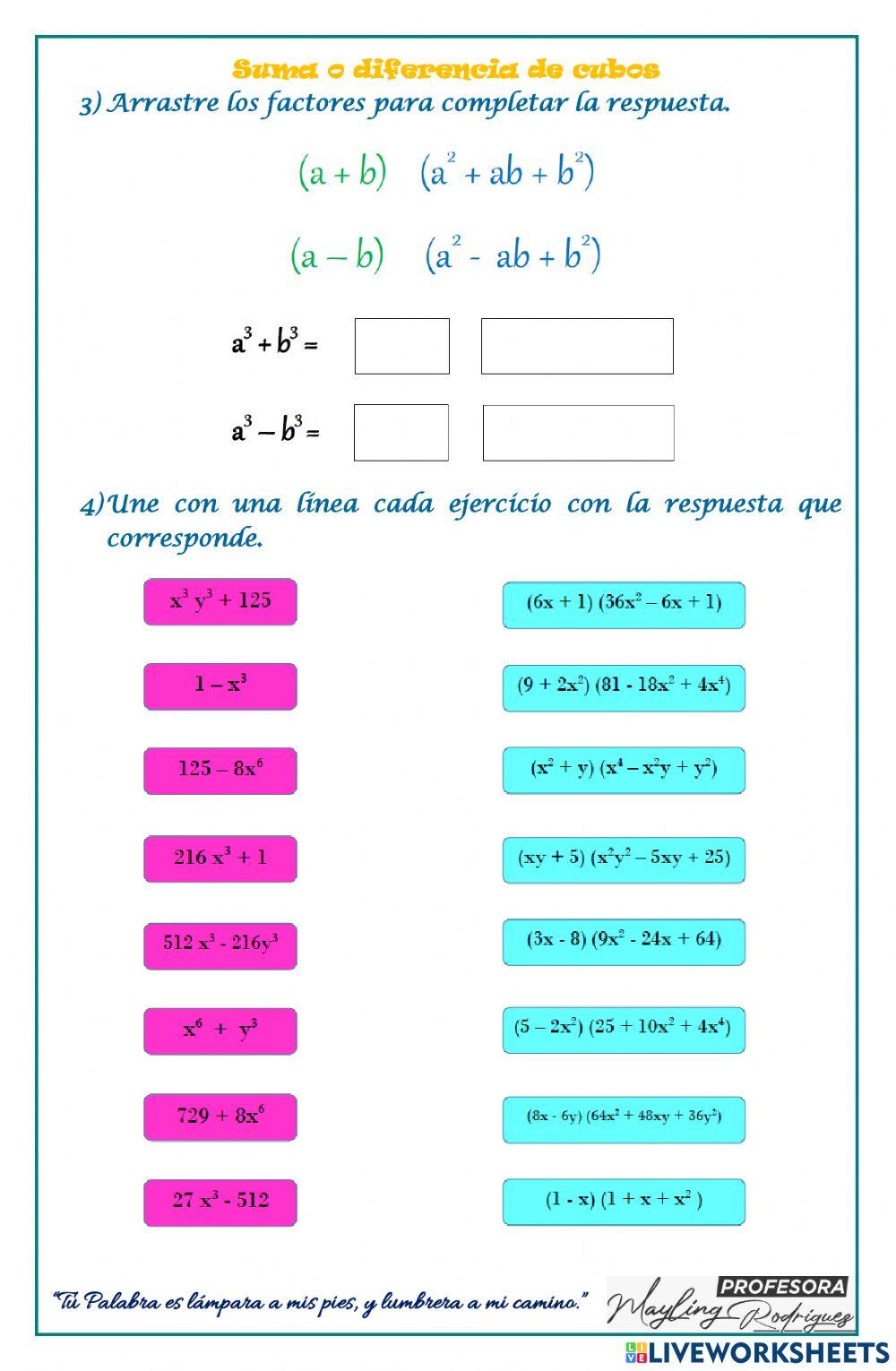 Factorizacion trinomio cuadrado perfecto y suma o diferencia de cubos Factorizacion trinomio cuadrado perfecto y suma o diferencia de cubos