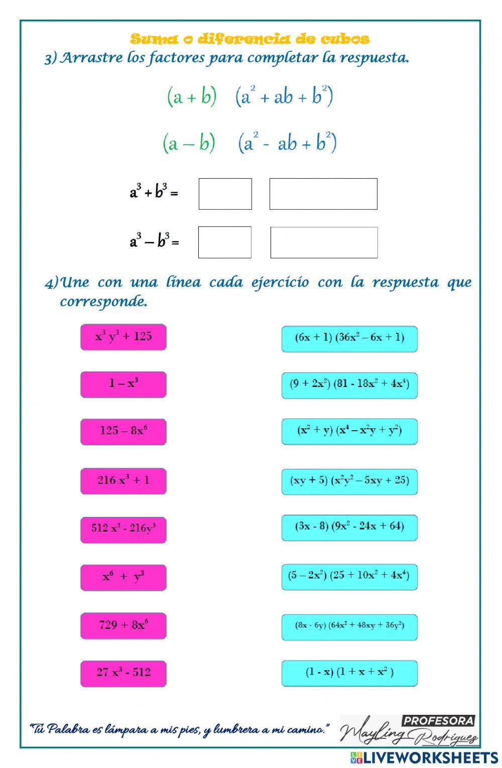 Factorizacion trinomio cuadrado perfecto y suma o diferencia de cubos