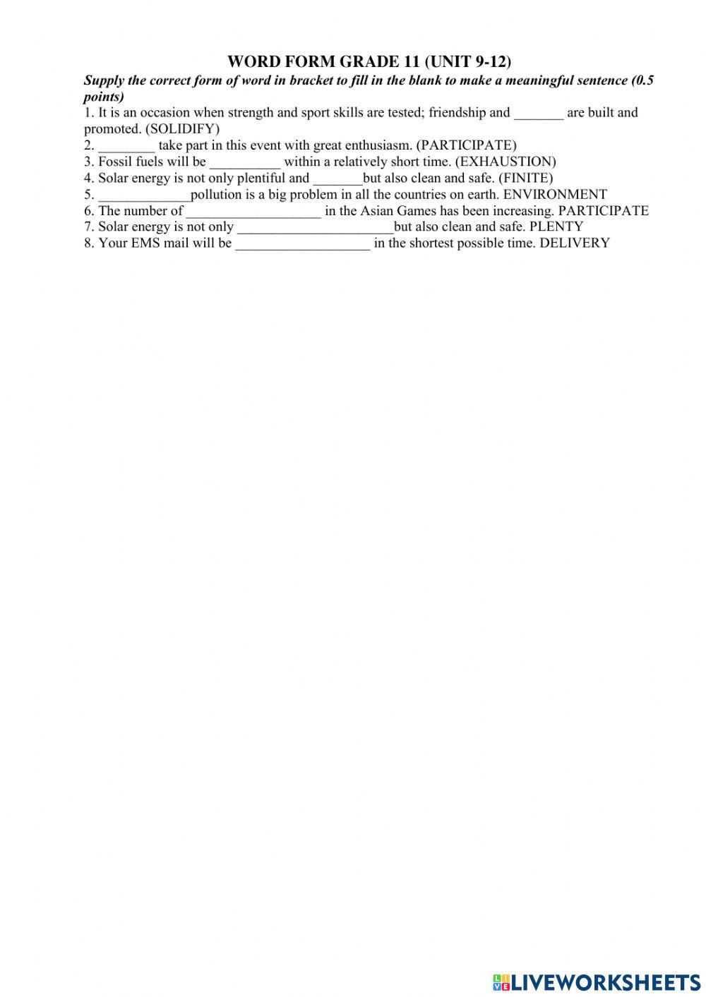 Word form  mid term test - grade 11