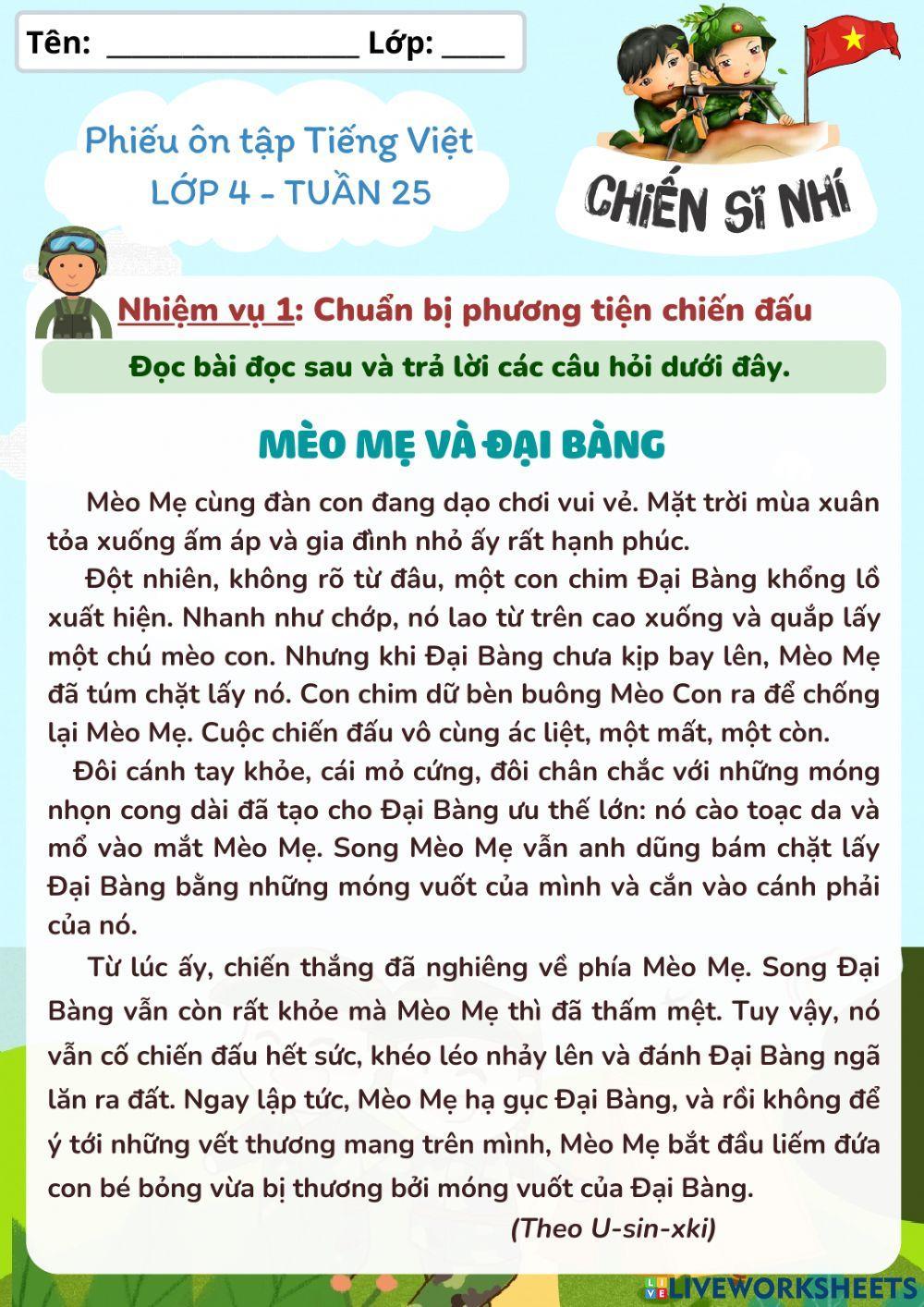 Phiếu ôn tập Tiếng Việt lớp 4 tuần 25